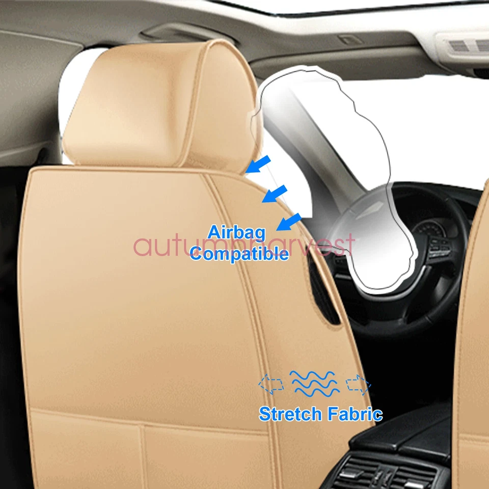 For Lincoln Car 5-Seat Covers Full Set Faux Waterproof Cushion Protector Tan - Image 4 of 4