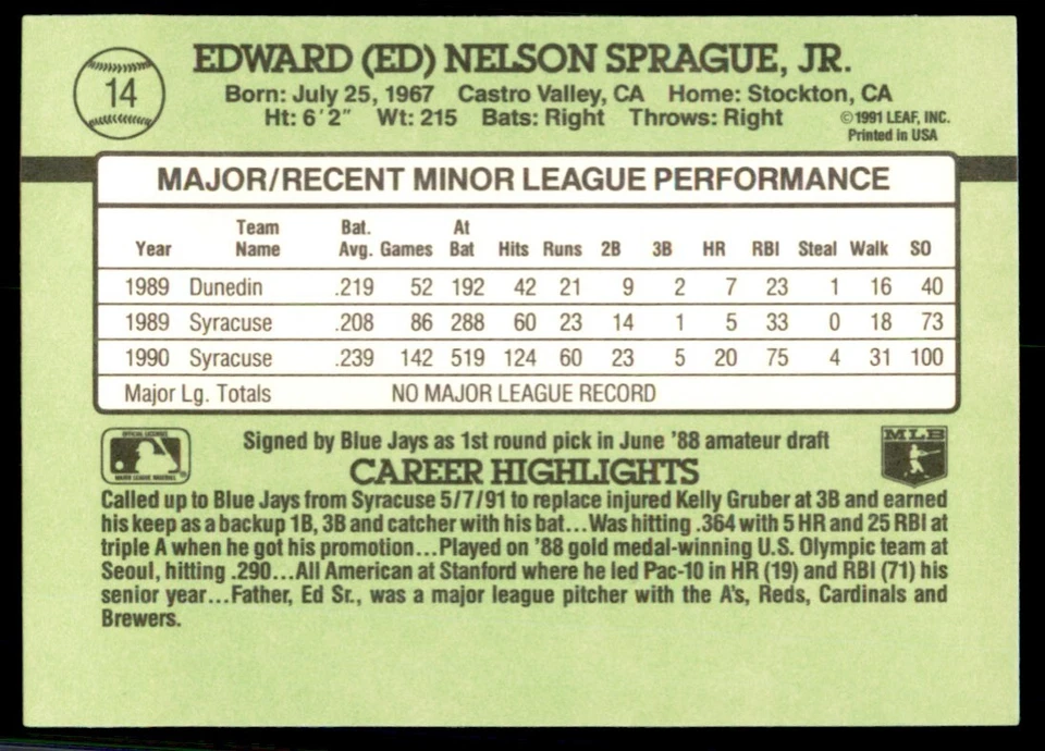 1991 Donruss The Rookies Ed Sprague Baseball Cards #14 - Image 2 of 2