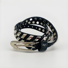 VTG Black Thin Silver Studded Belt Alligator Textured Punk Emo Oval Buckle 33-37