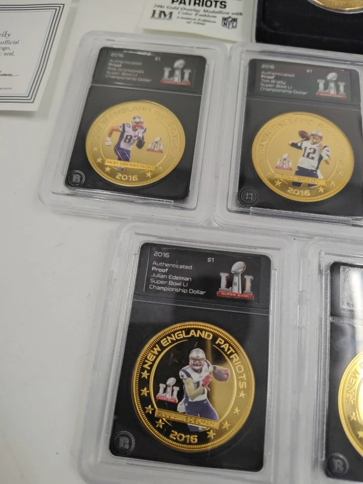 2016 SUPER BOWL LI Bradford Patriots monedas de oro de 1 dólar Tom Brady lote de 7 monedas Foto 3 de 4