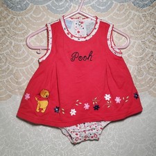 VTG Disney Winnie The Pooh Embroidered Sleeveless Romper Dress Red Floral 3-6mo