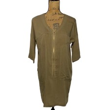 Koch Dress SMALL Taupe Green Tencel Dolman Half Sl Zip Front Pocket Shirt USA