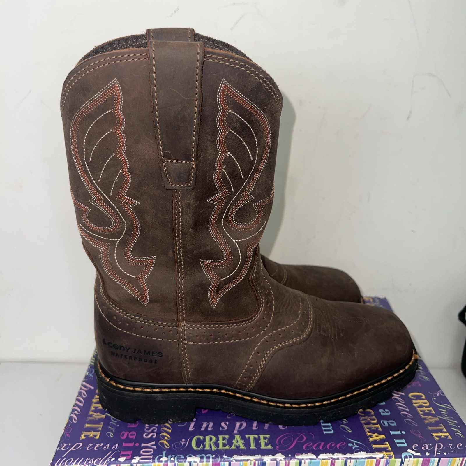 Cody James C9WR5 Brown Leather Pull On Work Western Boots Square Toe-Men’s Sz 7D