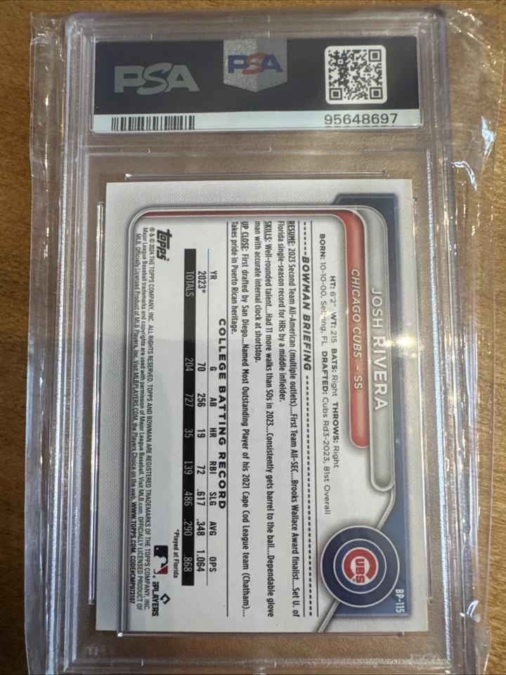 2024 BOWMAN PAPER PROSPECTS ORANGE #BP115 JOSH RIVERA /25 PSA 9 CHICAGO CUBS - Image 2 of 2