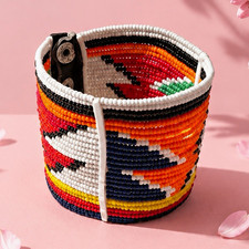 Multicolor Geometric Beaded Cuff Bracelet Snap Closure Bohemian No Stone