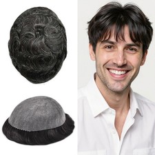 Mens Toupee Human Hair Replacement System Poly Thin Skin Wig Hairpiece