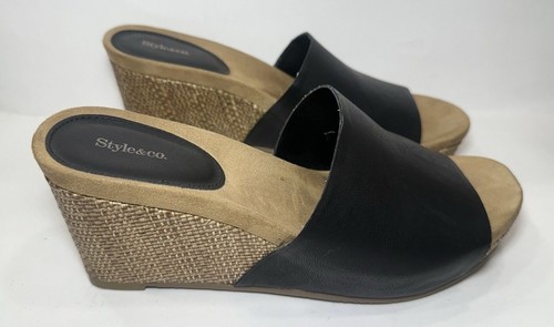 Style & Co Black Slide Wedge Sandals Women’s 7.5M Espadrille Look