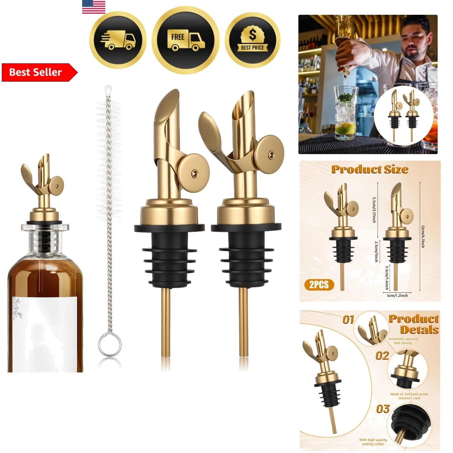 2 PCS Weighted Stainless Steel Bottle Pourers, Olive Oil Dispenser Spout, Sel...