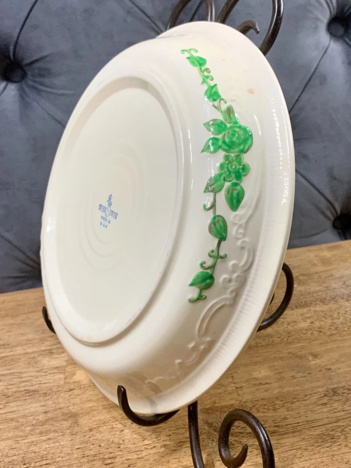 VINTAGE CERAMIC OVEN SERVE Deep Dish Pie Plate Floral Green Cream 10" USA made