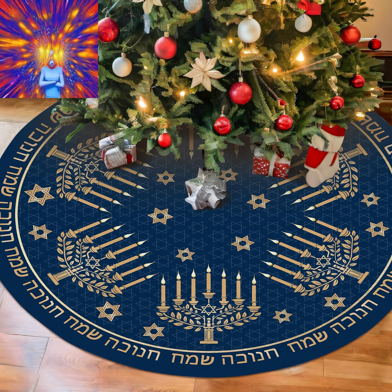 Blue Hanukkah Christmas Tree Skirt 36In, Happy Hanukkah Gold Candlestick Stars T
