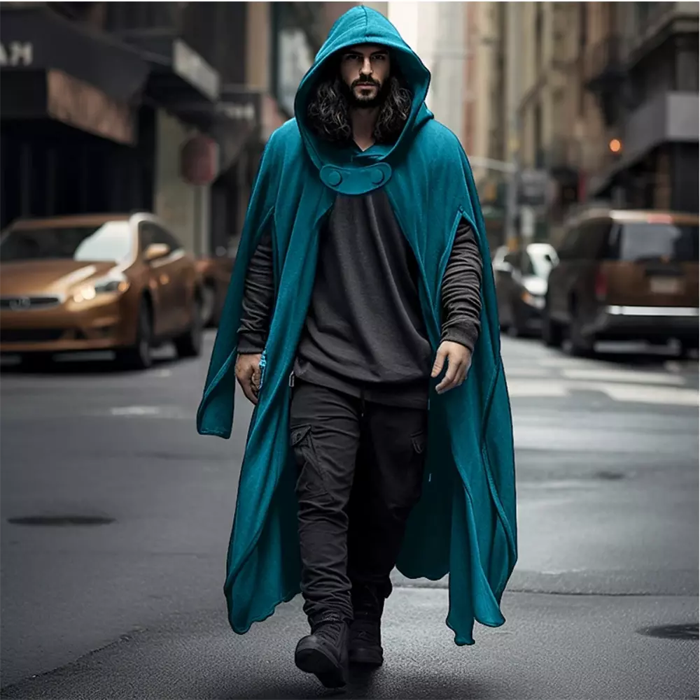 Men Hooded Cape Cloak Poncho Jacket Coat Fashion Streetwear Outwear Top