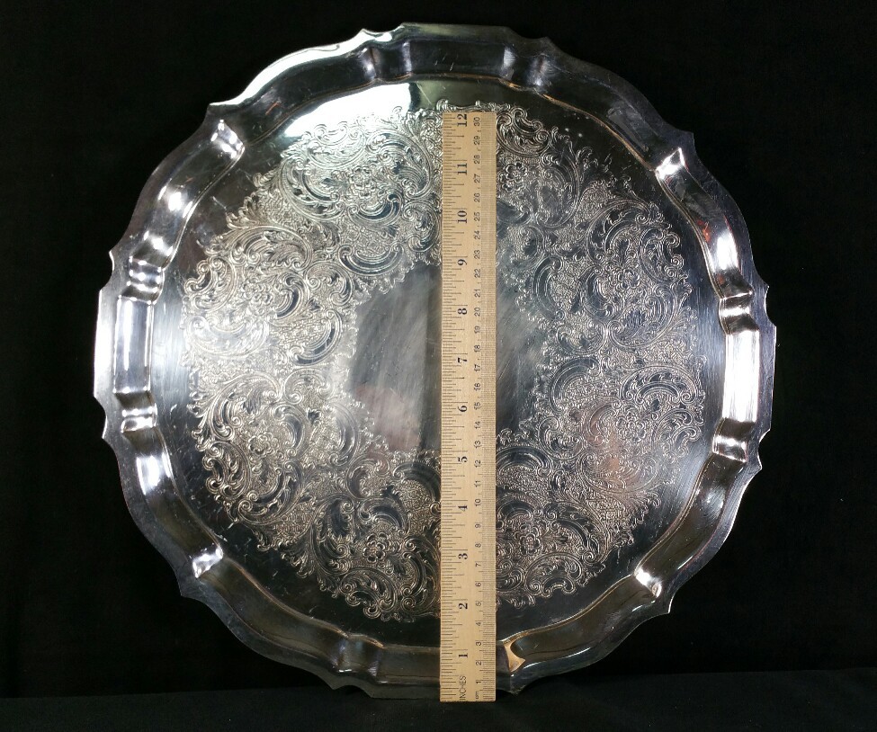 Gorham Heritage Round Etched Scalloped Edge Silverplate Tray 13.75