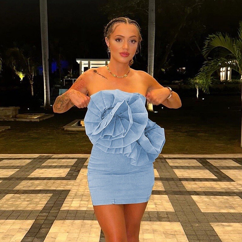 Women Strapless Denim Mini Dress Medium Blue 3D Flower Stretch Bodycon