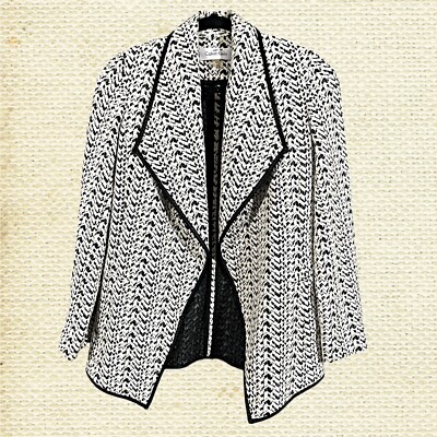 Calvin Klein Open Front Jacket Blazer, Black White, 6P, Faux Leather Trim 