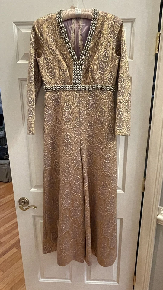 Llamativo Vestido Pantalón Palazzo Lamé Dorado Único Vintage con Abrigo Largo Completo Foto 2 de 4