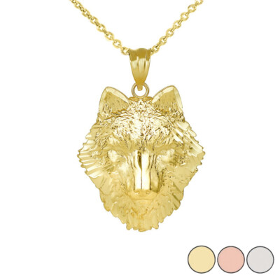 14K Solid Gold EWolf Head Intelligent, Guardianship, Loyalty Pendant Necklace