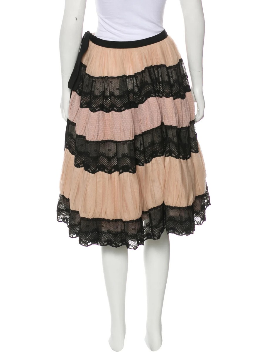 美品 RED VALENTINO 22AW リボンディテール フレアスカート RED VALENTINO Black/Blush Lace/Mesh Full Knee Length Skirt Sz 10