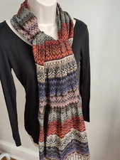 Women's multicolored zigzag patterned scarf fringe fall colors long rectangular 