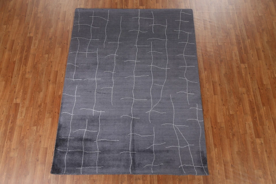 Alfombra de área abstracta Gabbeh Oriental 6'x8' carbón seda alfombra moderna anudada a mano Foto 2 de 4