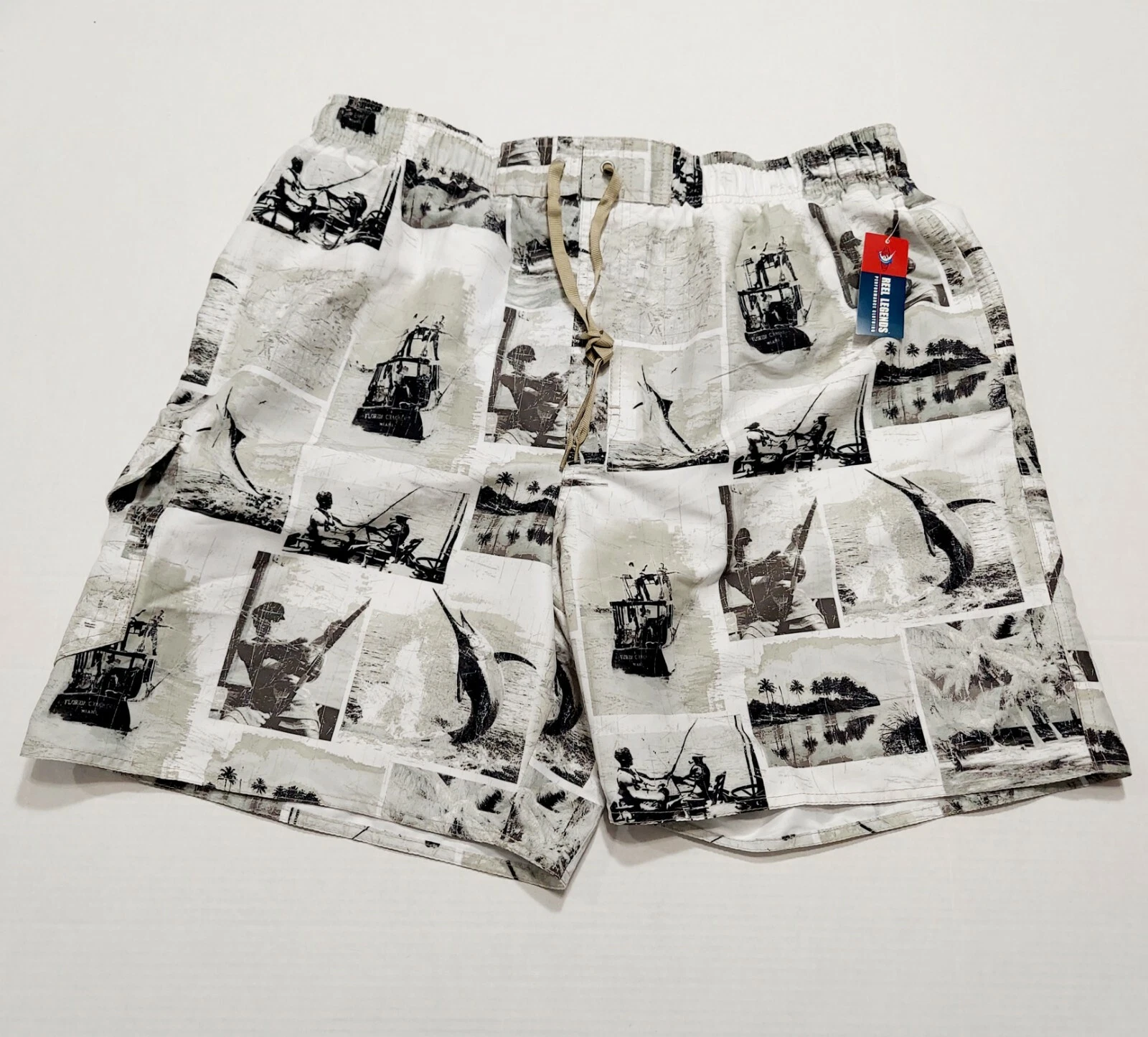 Reel Ledgens Fishing Shorts Mens XXL Grey All Over Graphic Print White Trunks