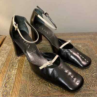 Prada D'Orsay pumps Y2K square toe ankle strap black cream Prada D'Orsay pumps Y2K square toe ankle strap black cream