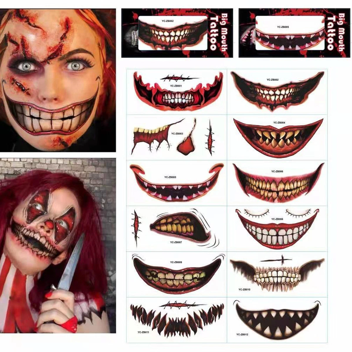 Halloween Prank Makeup Temporary Tattoo Mouth Teeth Face Tattoo Stickers  12PK | eBay
