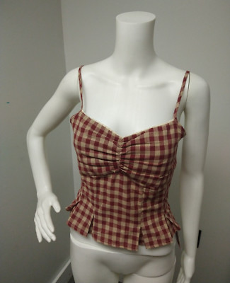 Cider Woven V-Neck Gingham Tank Shirred Cami Womens M Top Wine Cottagecore