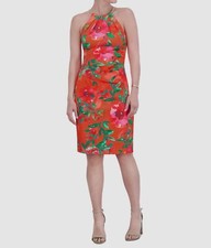 Eliza J Womens Orange Floral Pleated Halter Sleeveless Sheath Dress Size 6