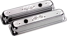 BILLET SPECIALTIES CROSS FLAGS POLISHED ALUM. SBC CENTER BOLT SHORT VALVE COVERS