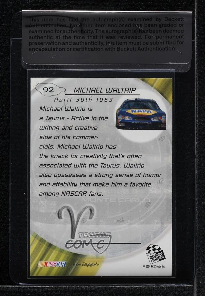 BAS 2004 Press Pass Optima Star Signs Michael Waltrip #92 Seal of Authenticity - Image 2 of 2
