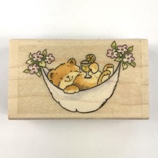 Penny Black Kickin’ #3829H Wood Mount Rubber Stamp -Cute Bear W/Drink In Hammock