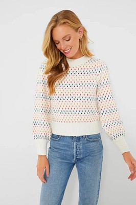 Marine Layer Alma Crewneck Sweater Ivory Rainbow Knit Puff Bishop Sleeves M