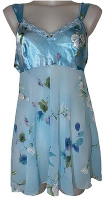Vtg 90s Womens Blue Floral Lace Babydoll Coquette Kawaii Night Slip Dress Sz L
