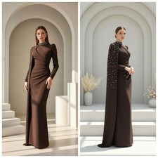 Elegant High Neck Long Sleeve Evening Dresses Pearl Cape Guest Prom Ruched Gowns