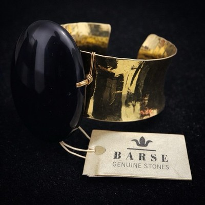 Barse Genuine Black Onyx Cuff Bracelet Gold Tone Hammered Wide Statement New