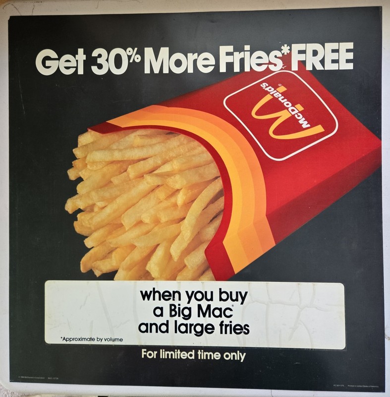 1984 McDonald's "Large Fries" Translite sign 21.75" X 21.75 Advertising Display 