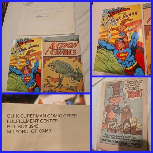 VTG QUIK 1989 Superman Comic Book SENDAWAY Promo Lot w Mailer Action #1 Nestle Q