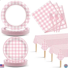ZOIIWA 98-Piece Pink Gingham Party Set for 24 Guests - Plates, Napkins & Decor