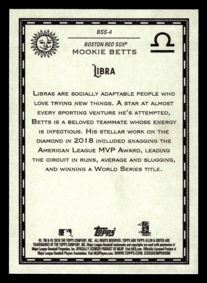 2019 Topps Allen & Ginter - Baseball Star Signs - #BSS-4 Mookie Betts - Image 2 of 2
