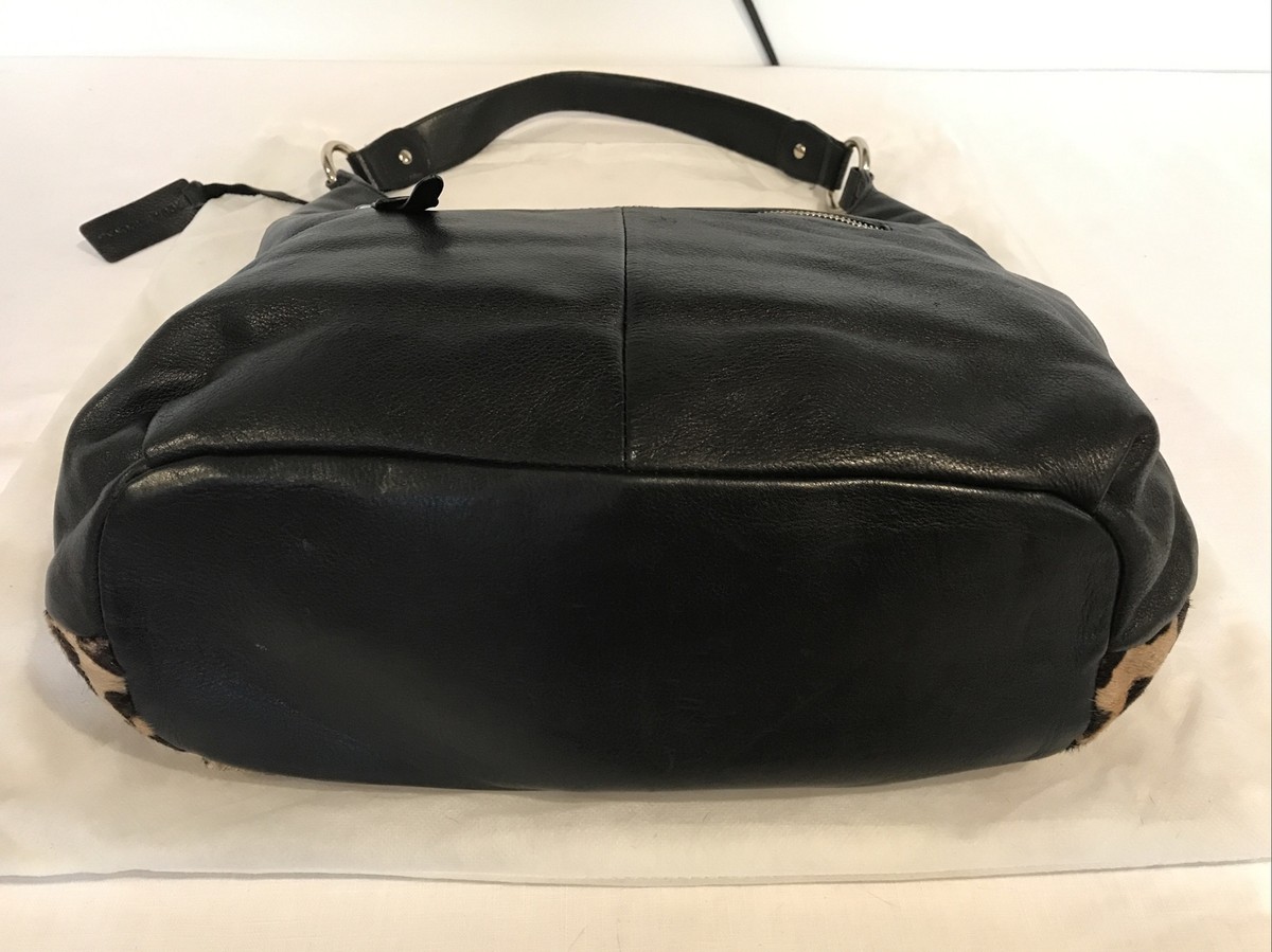 Aqua Madonna Black Calf Leather Hair Leopard Print Large Shoulder