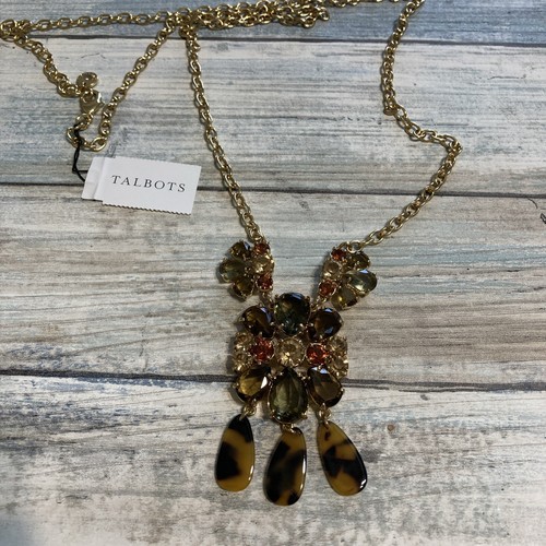 TALBOTS Tortoise Cluster Crystals Necklace NWT 34" Long Gold Tone Chain