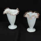 Fenton Pink Rose Crest Cone Fluted Vase 6.5” tall Lot of 2 Vintage