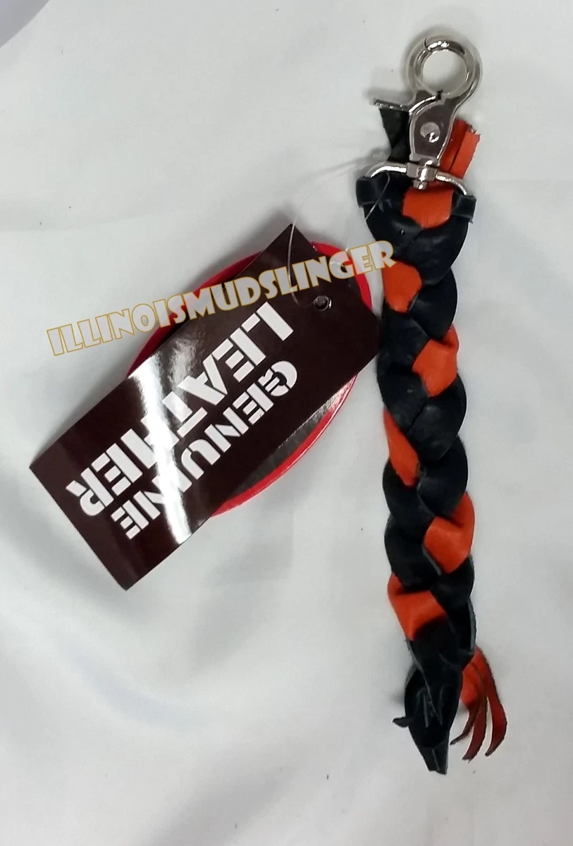 Leather Key Chain Whip for Motorcycle Black Orange Braided