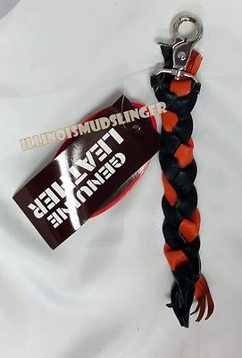 Leather Key Chain Whip for Motorcycle Black & Orange Braided Chrome Plated Clasp