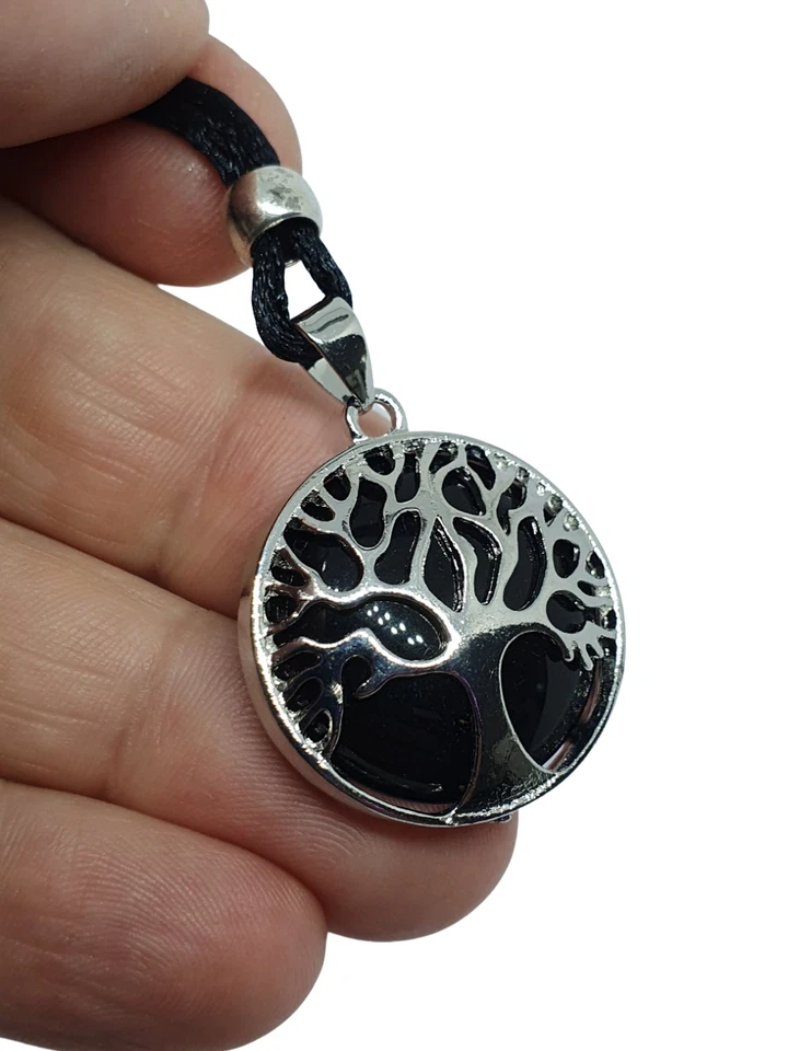 Collar Obsidiana Negra Árbol de la Vida Piedras Preciosas Colgante Cordón Chakra Lágrima Apache Foto 4 de 4