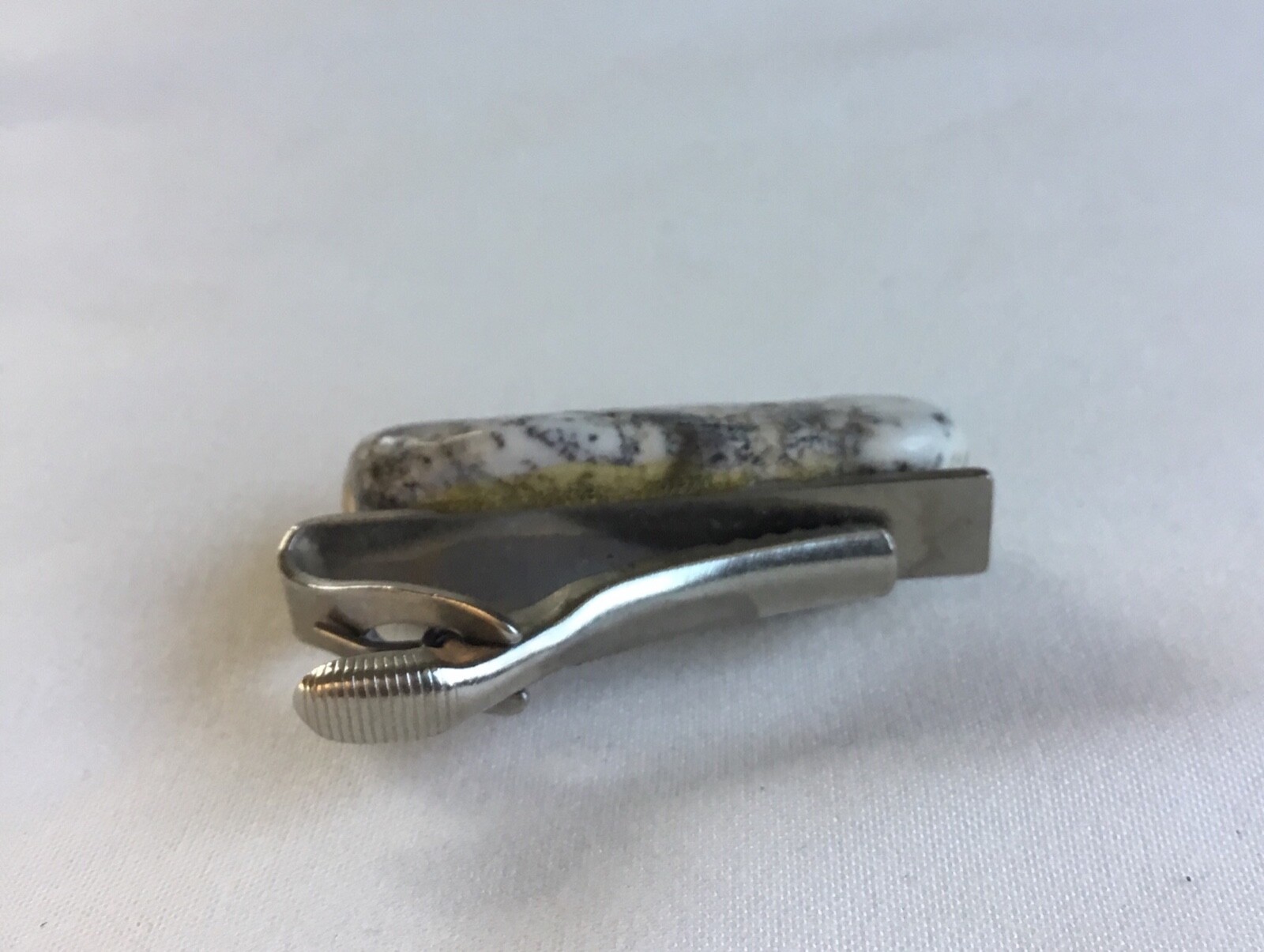 Vintage Mens Tie Clip Marble Type Stone Silver Tone W… Gem