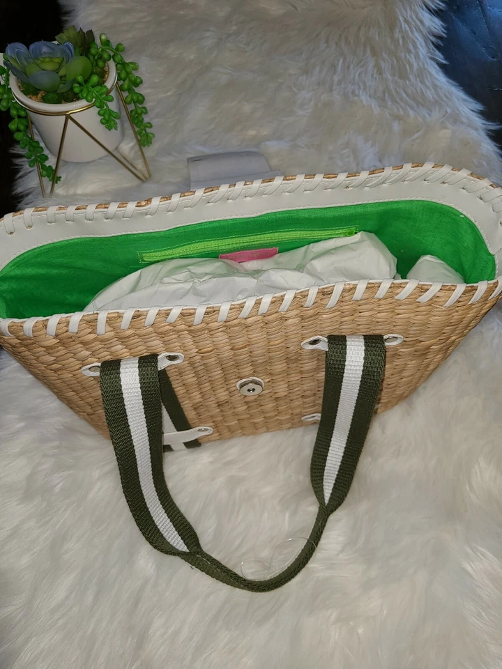 Donna Dixon Jennifer Woven Grass w Green Web Strap Beach Tote Bag Purse ~NEW~ - Image 4 of 4
