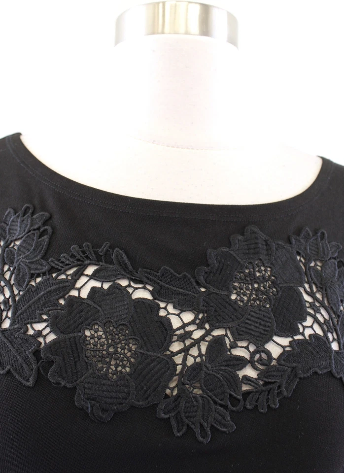 Vestido T Tahari Negro Sólido Jersey Acanalado Floral Encaje Recortado Talla 2 Carrera Foto 3 de 4