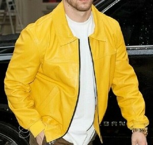 yellow leather bomber jacket