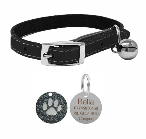 Leather Cat / Kitten Pet Collar, Safety Elastic, Bell & Engraved Paw Print Tag - Picture 7 of 11